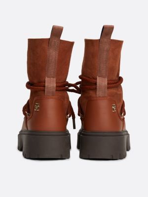 brown shearling leather lace-up snow boots for women tommy hilfiger