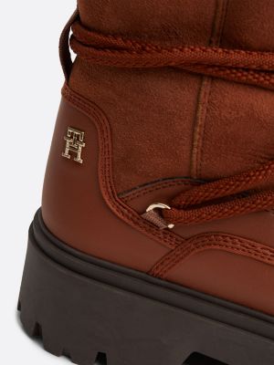 brown shearling leather lace-up snow boots for women tommy hilfiger