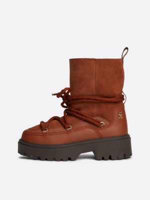 brown shearling leather lace-up snow boots for women tommy hilfiger