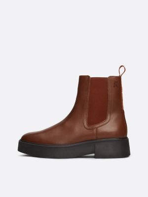 brown leather logo tape chelsea boots for women tommy hilfiger