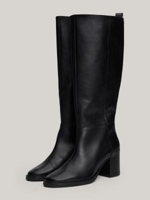 black th monogram leather knee-high boots for women tommy hilfiger