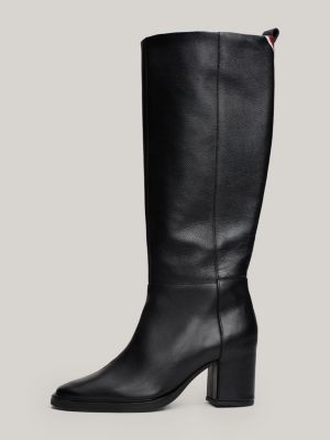 black th monogram leather knee-high boots for women tommy hilfiger