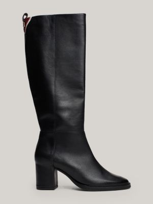 black th monogram leather knee-high boots for women tommy hilfiger