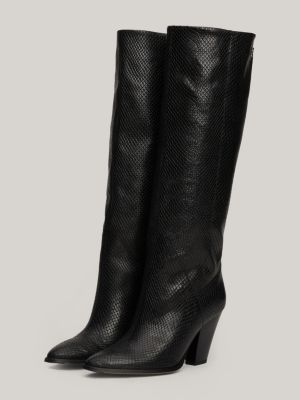 black leather snake embossed knee-high cowboy boots for women tommy hilfiger