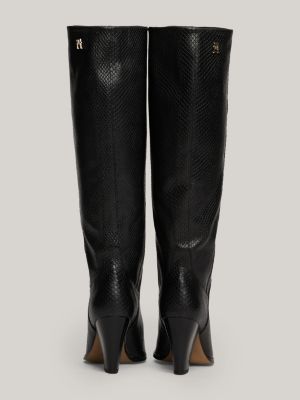 black leather snake embossed knee-high cowboy boots for women tommy hilfiger