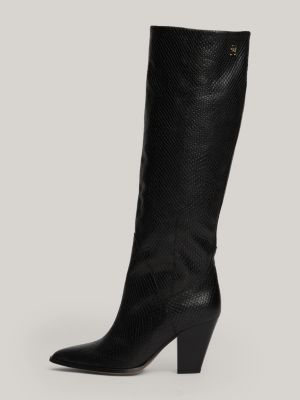 black leather snake embossed knee-high cowboy boots for women tommy hilfiger