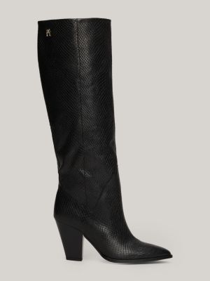 Leather Snake Embossed Knee High Cowboy Boots Black Tommy Hilfiger