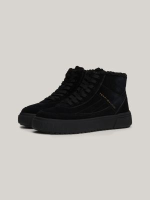 black warm lined suede high-top trainers for women tommy hilfiger