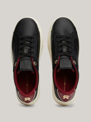 black th monogram leather platform trainers for women tommy hilfiger