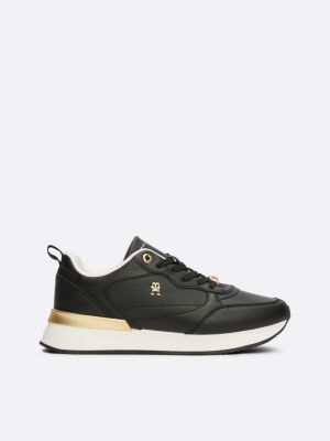 black leather th monogram runner trainers for women tommy hilfiger