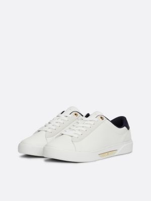 white metal hardware leather court trainers for women tommy hilfiger