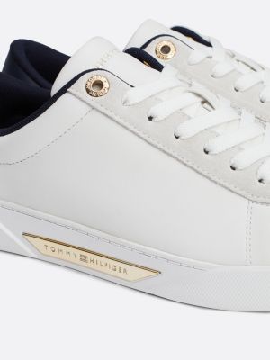 white metal hardware leather court trainers for women tommy hilfiger