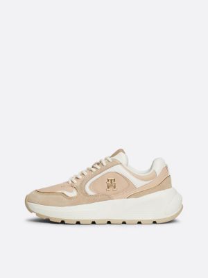 roze chunky leren sneaker met th-monogram voor dames - tommy hilfiger
