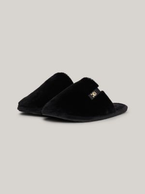 black th monogram plaque fleece slippers for women tommy hilfiger