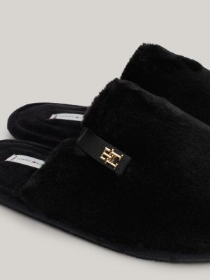 black th monogram plaque fleece slippers for women tommy hilfiger