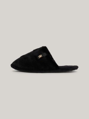 black th monogram plaque fleece slippers for women tommy hilfiger