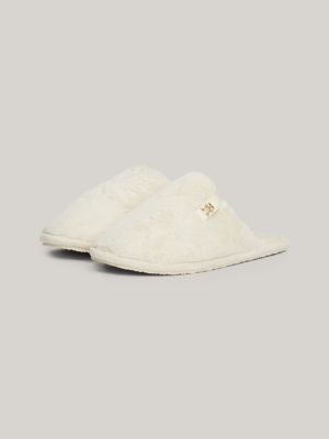 white th monogram plaque fleece slippers for women tommy hilfiger