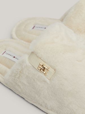 weiß hausschuh aus fleece mit th-monogramm-emblem für damen - tommy hilfiger