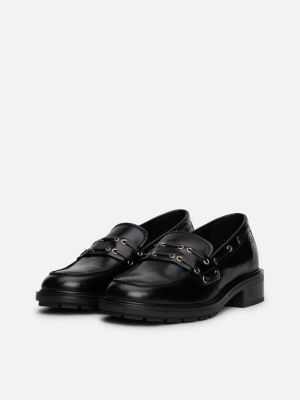 black eyelet detail block heel leather loafers for women tommy hilfiger