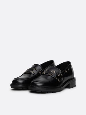 black eyelet detail block heel leather loafers for women tommy hilfiger