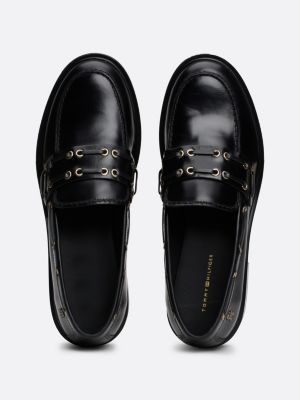 black eyelet detail block heel leather loafers for women tommy hilfiger