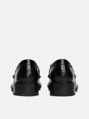 black eyelet detail block heel leather loafers for women tommy hilfiger