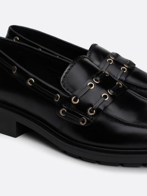 black eyelet detail block heel leather loafers for women tommy hilfiger