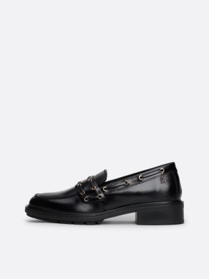 black eyelet detail block heel leather loafers for women tommy hilfiger