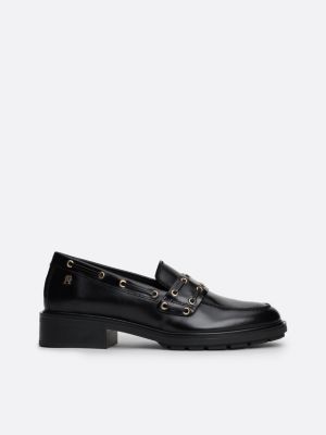 black eyelet detail block heel leather loafers for women tommy hilfiger