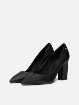 black leather block heel pointed court shoes for women tommy hilfiger