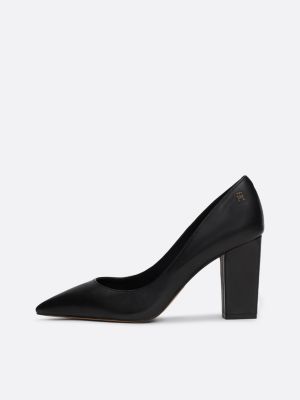 black leather block heel pointed court shoes for women tommy hilfiger