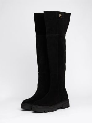 black suede over-knee cleat boots for women tommy hilfiger