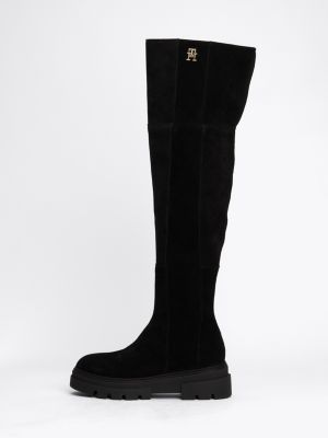 black suede over-knee cleat boots for women tommy hilfiger