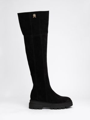 black suede over-knee cleat boots for women tommy hilfiger