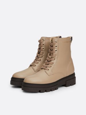 beige leather cleat lace-up mid boots for women tommy hilfiger