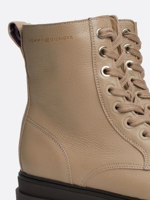 beige leather cleat lace-up mid boots for women tommy hilfiger