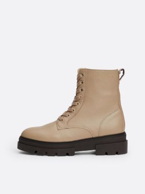 beige leather cleat lace-up mid boots for women tommy hilfiger