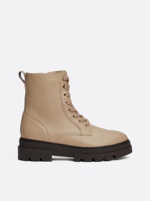 beige leather cleat lace-up mid boots for women tommy hilfiger