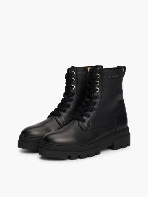 black leather cleat lace-up mid boots for women tommy hilfiger