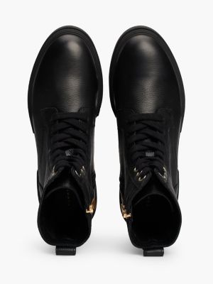 black leather cleat lace-up mid boots for women tommy hilfiger