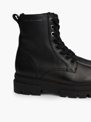 black leather cleat lace-up mid boots for women tommy hilfiger