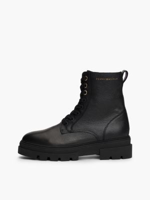 black leather cleat lace-up mid boots for women tommy hilfiger