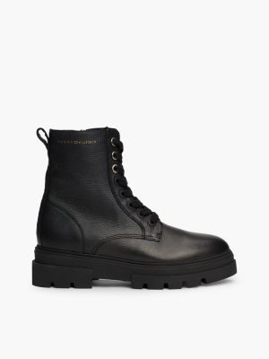 black leather cleat lace-up mid boots for women tommy hilfiger