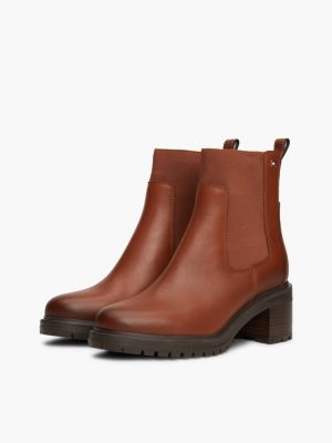 bottines chelsea en cuir à drapeau en émail marron pour femmes tommy hilfiger