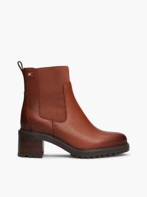 bottines chelsea en cuir à drapeau en émail marron pour femmes tommy hilfiger