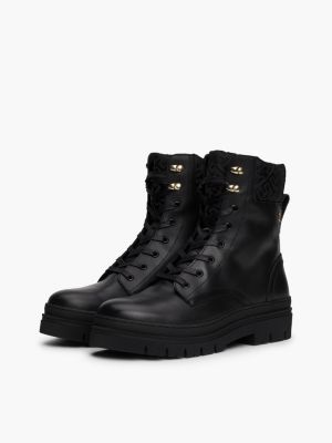 black th monogram cuff leather mid boots for women tommy hilfiger