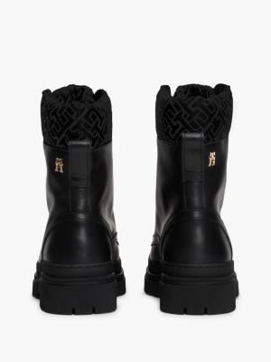 black th monogram cuff leather mid boots for women tommy hilfiger