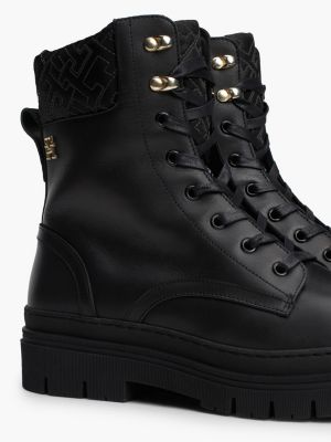 black th monogram cuff leather mid boots for women tommy hilfiger