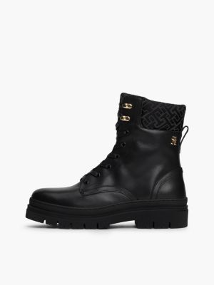 black th monogram cuff leather mid boots for women tommy hilfiger