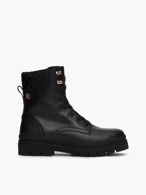 black th monogram cuff leather mid boots for women tommy hilfiger